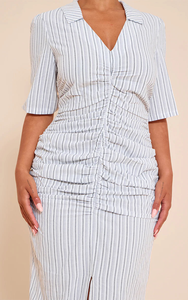 Shape white Striped Ruched Front Collared Split Front Maxi Dress