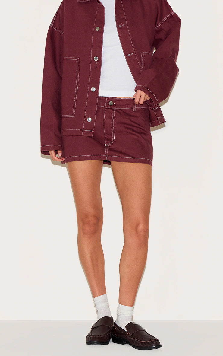 Burgundy Contrast Stitch Denim Mini Skirt