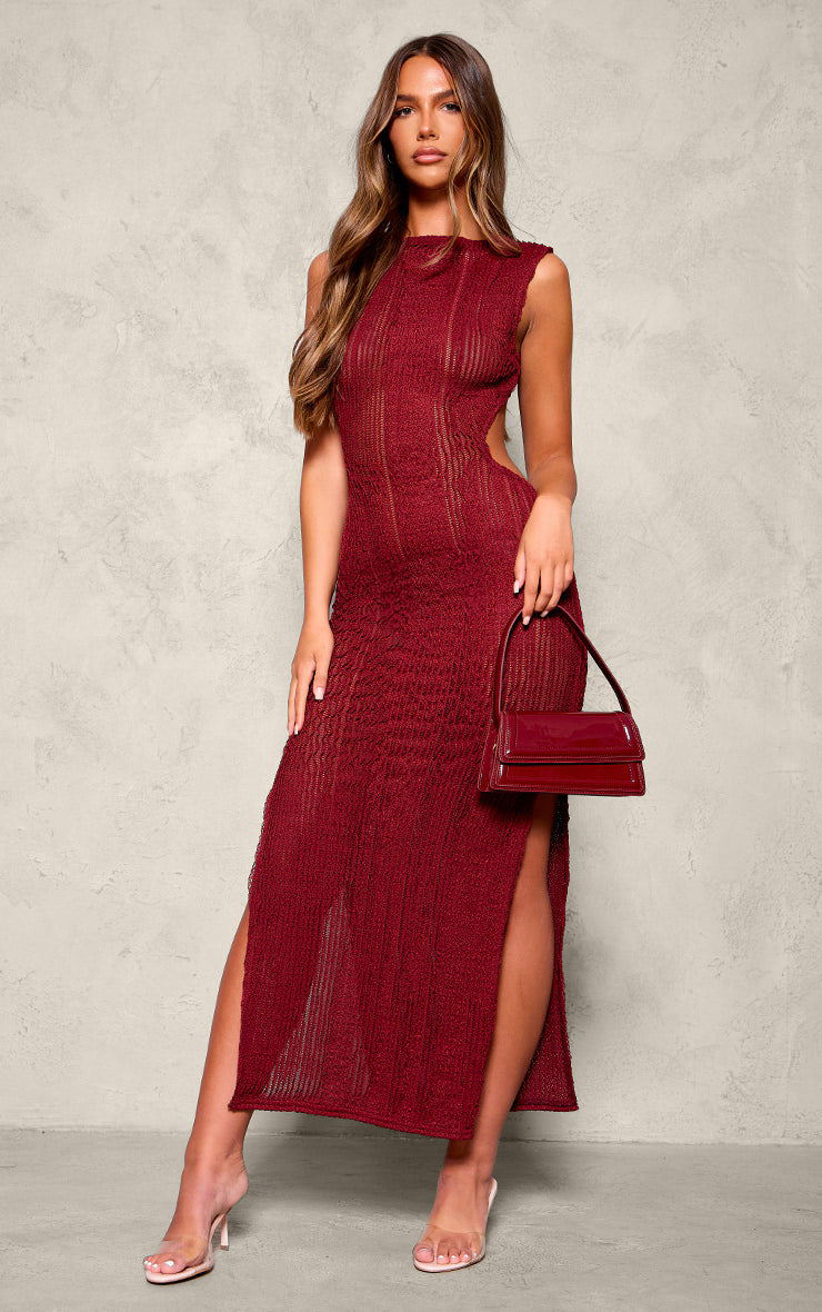 Burgundy Texture Extreme Back Cut Out Maxi Dress