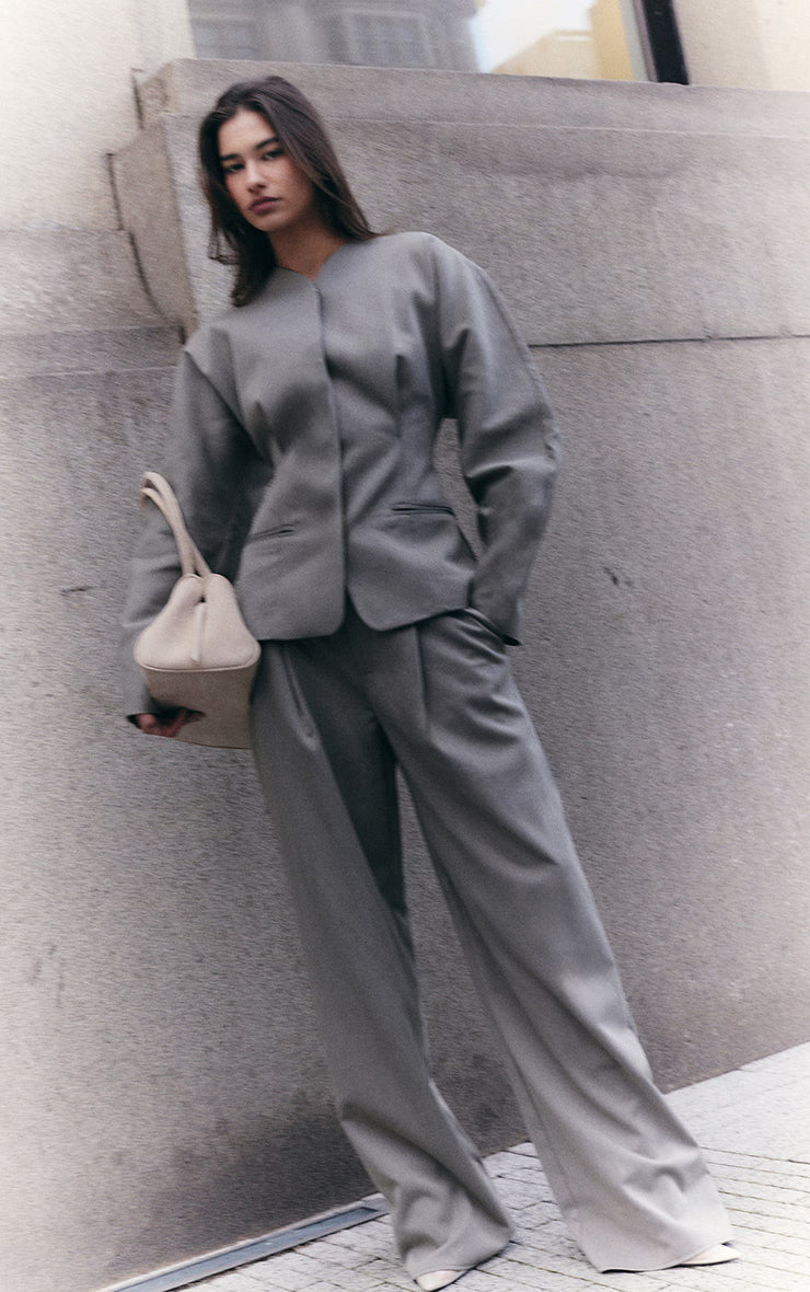 Grey Premium Woven Tailored Wide Leg Pleated Pants