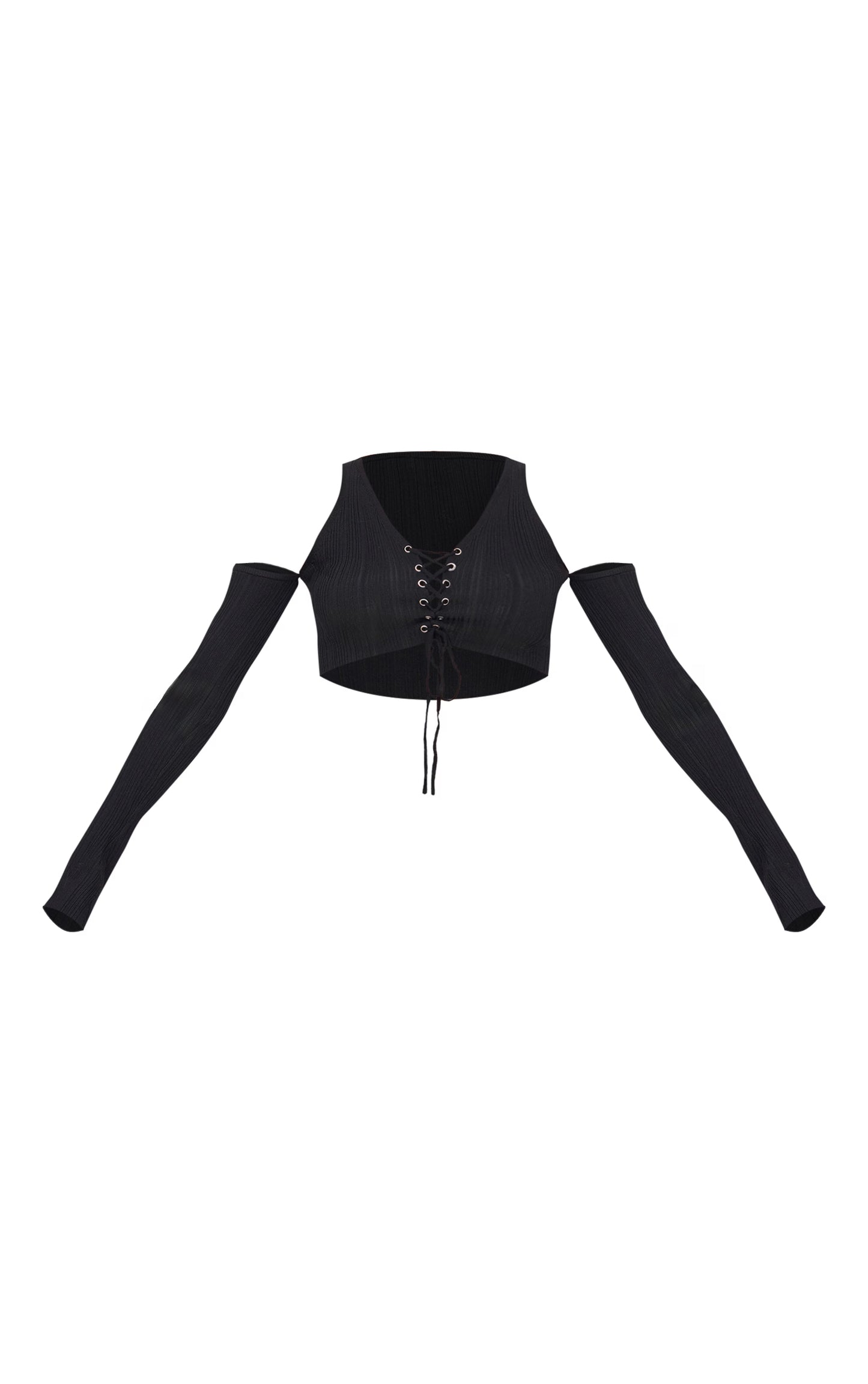 Black Textured Rib Knit Lace Up Cold Shoulder Top