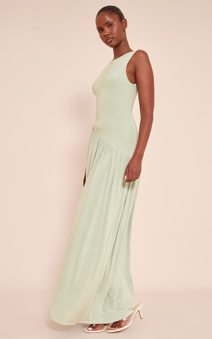 Sage Double Layer Soft Touch Asymmetric Dropped Waist Maxi Dress