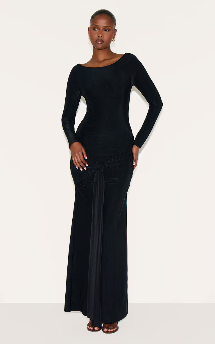 Black Double Layer Slinky Drop Waist Knot Detail Maxi Dress