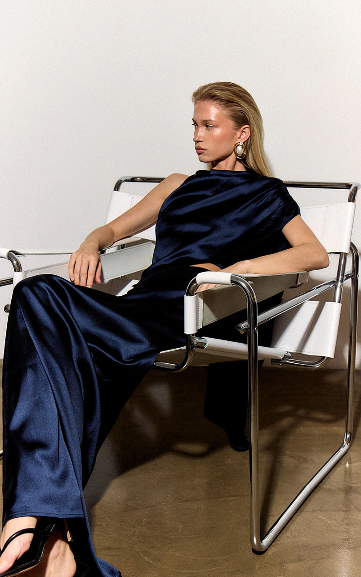 Navy Satin Drape Top