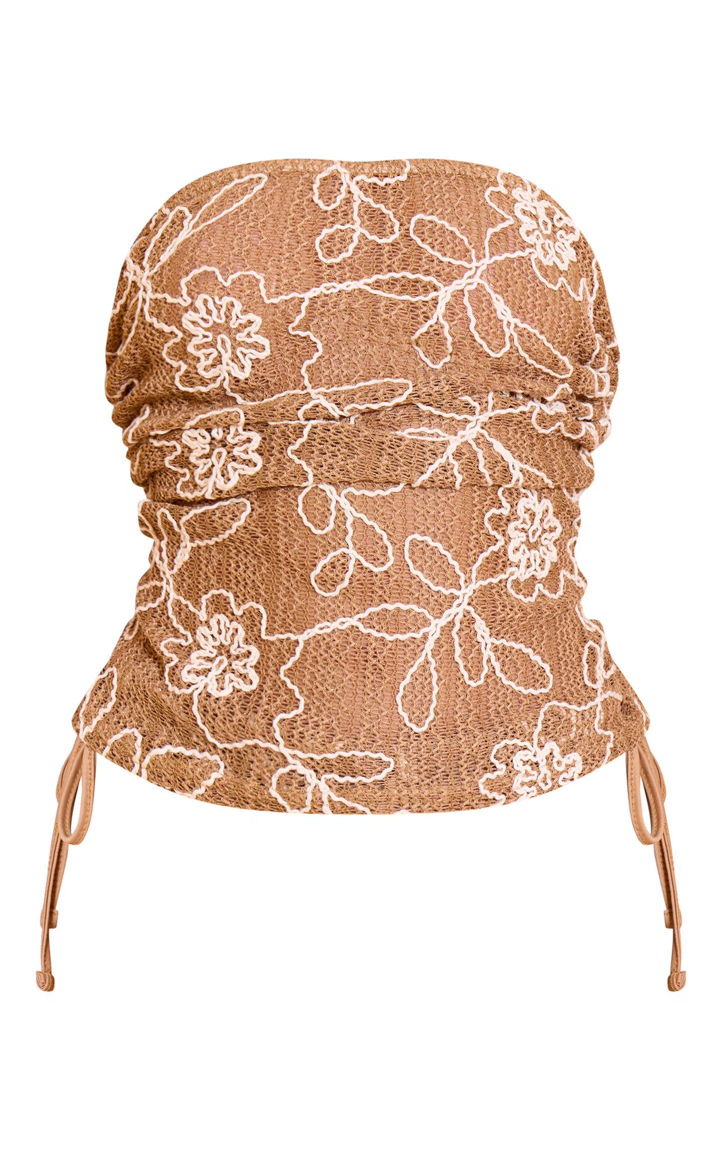 Tan Floral Crochet Bandeau Ruched Top