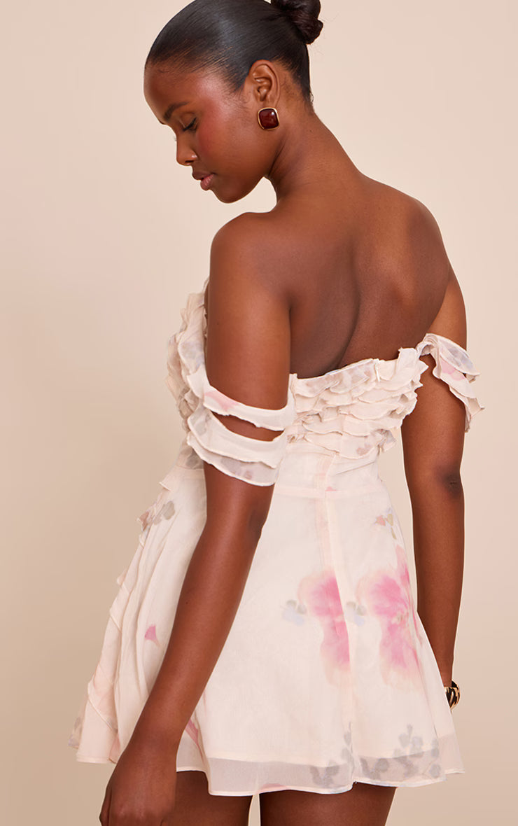 Multi Print Bardot Frill Details Shift Dress