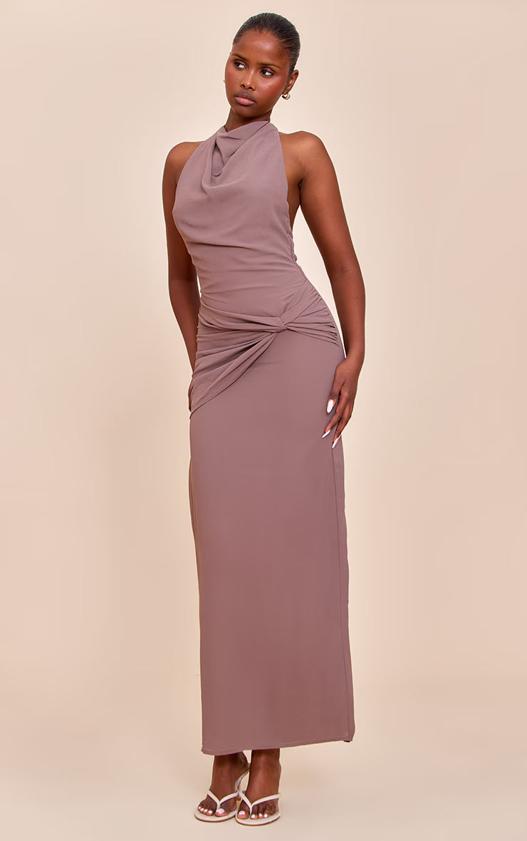 Mushroom Chiffon Twist Detail Maxi Dress