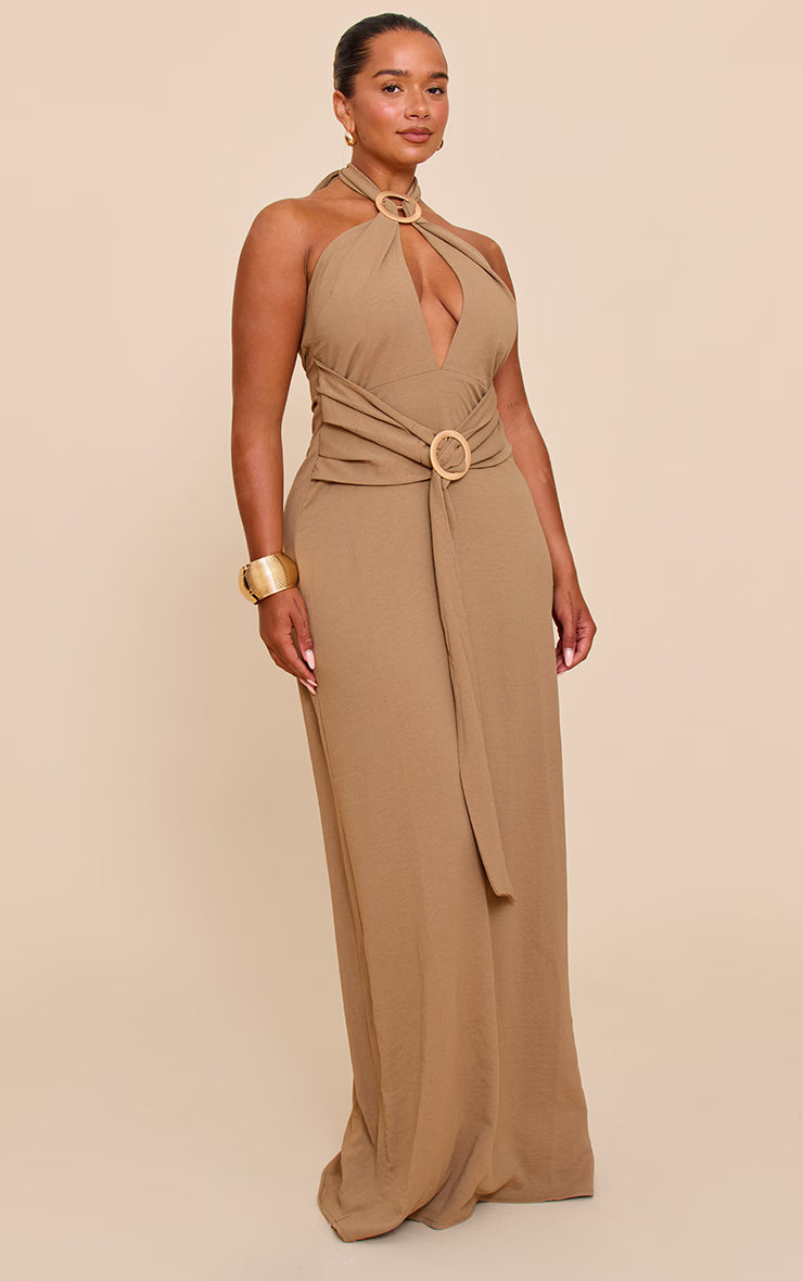 Shape Khaki Hammered Satin Ring Detail Halter Maxi Dress