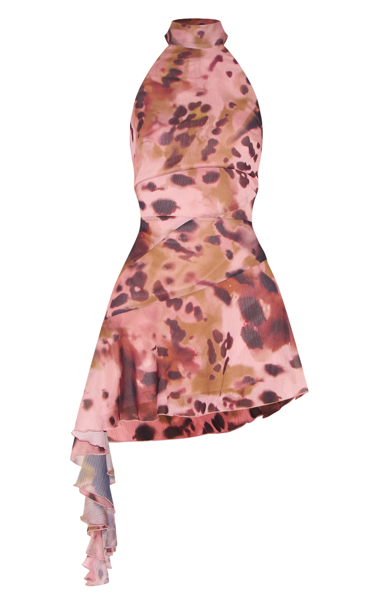 Abstract Chiffon Halter Neck Frill Detail Shift Dress
