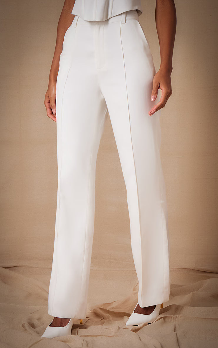 Premium White Woven Pintuck Straight Leg Pants