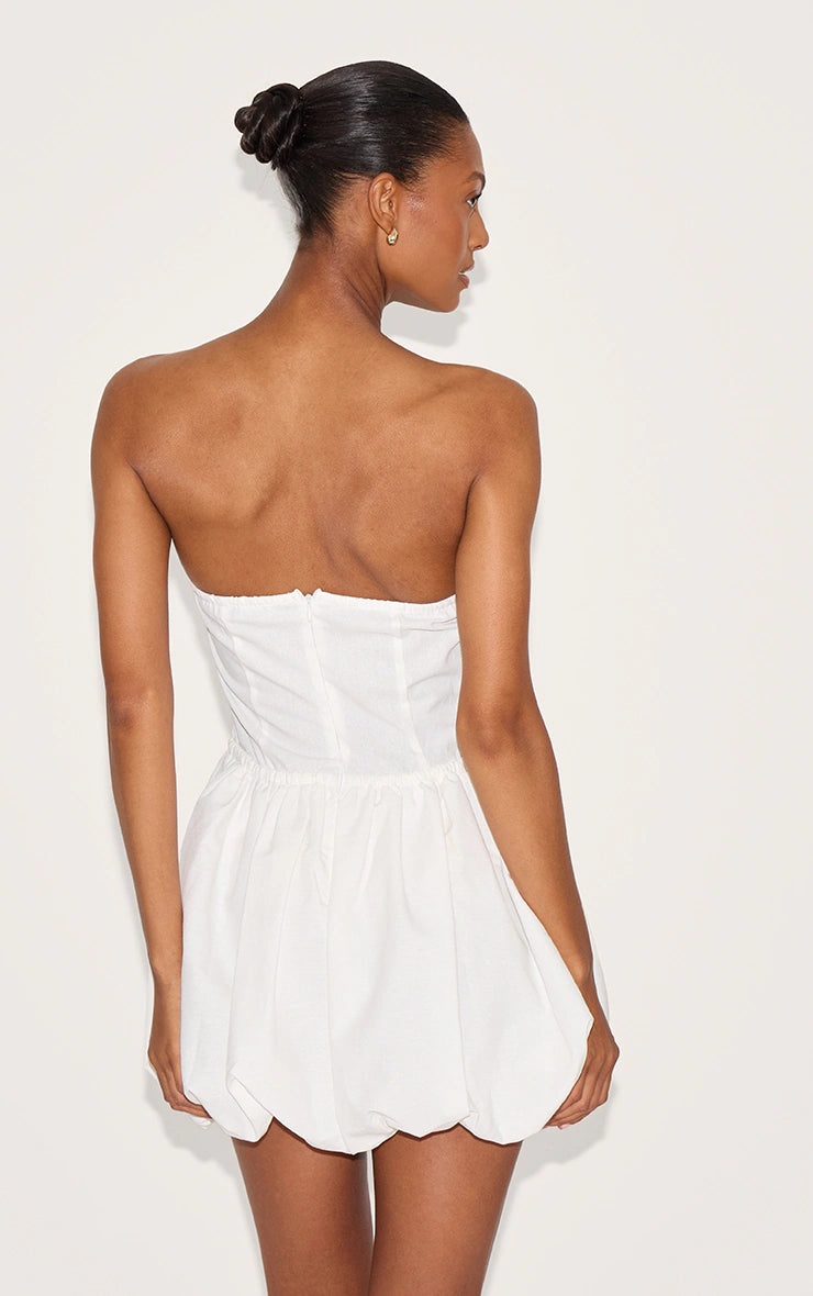 White Linen Bandeau Tie Waist Puffball Dress