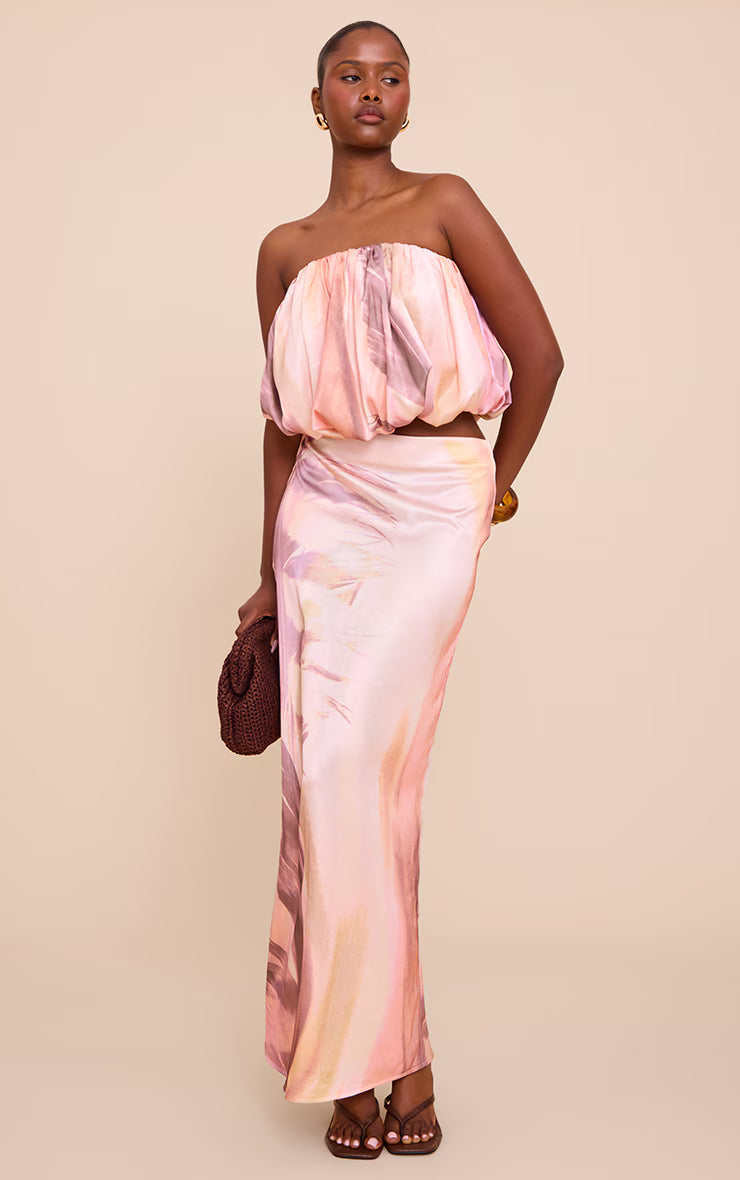 Multi Abstract Print Satin Puffball Bandeau Top