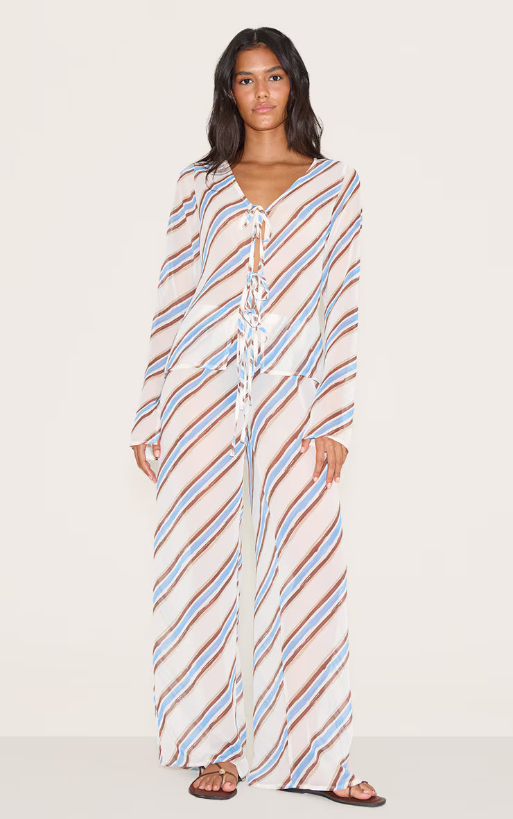 Blue Stripe Tie Detail Floaty Long Top