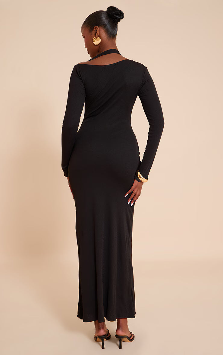 Black Burnout Mesh Ruched Asymmetric Maxi Dress