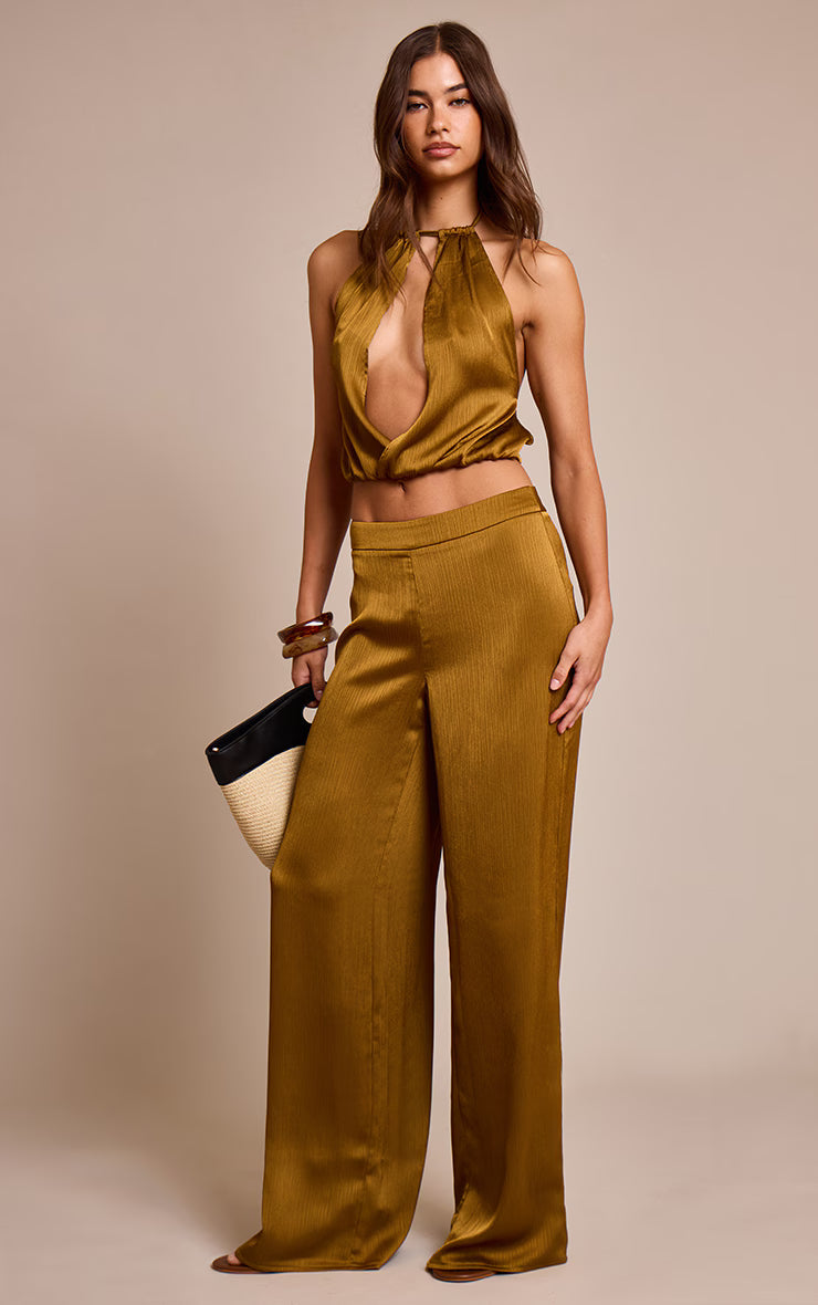 Dark Chartreuse Crinkle Satin High Neck Plunge Cowl Sleeveless Top