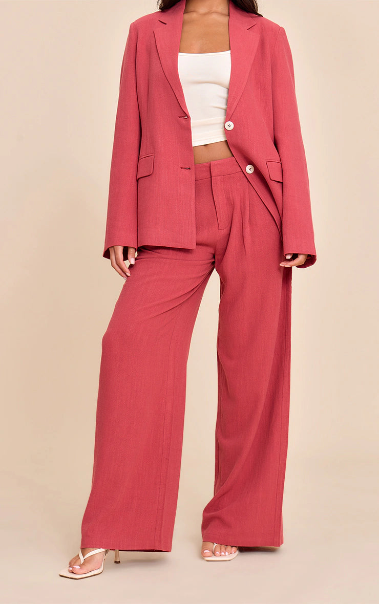 Dark Red Tailored Linen Wide Leg Pants