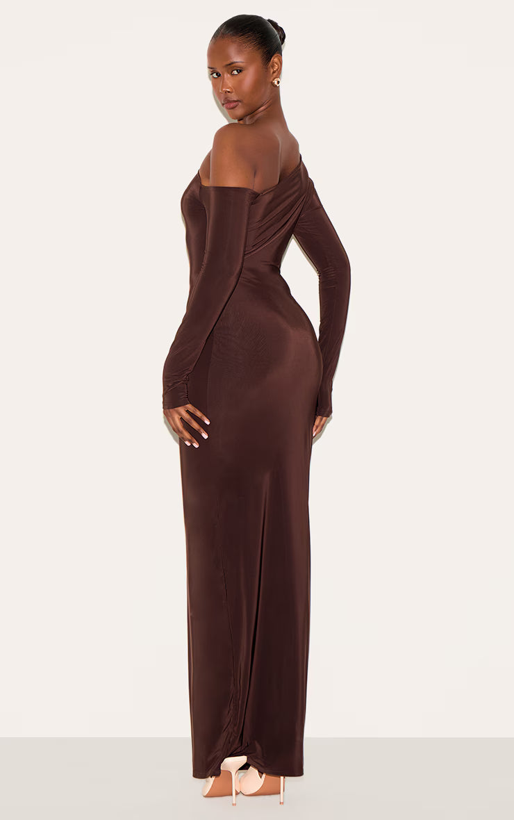 Deep Chocolate Double Slinky Asymmetric Neckline Maxi Dress