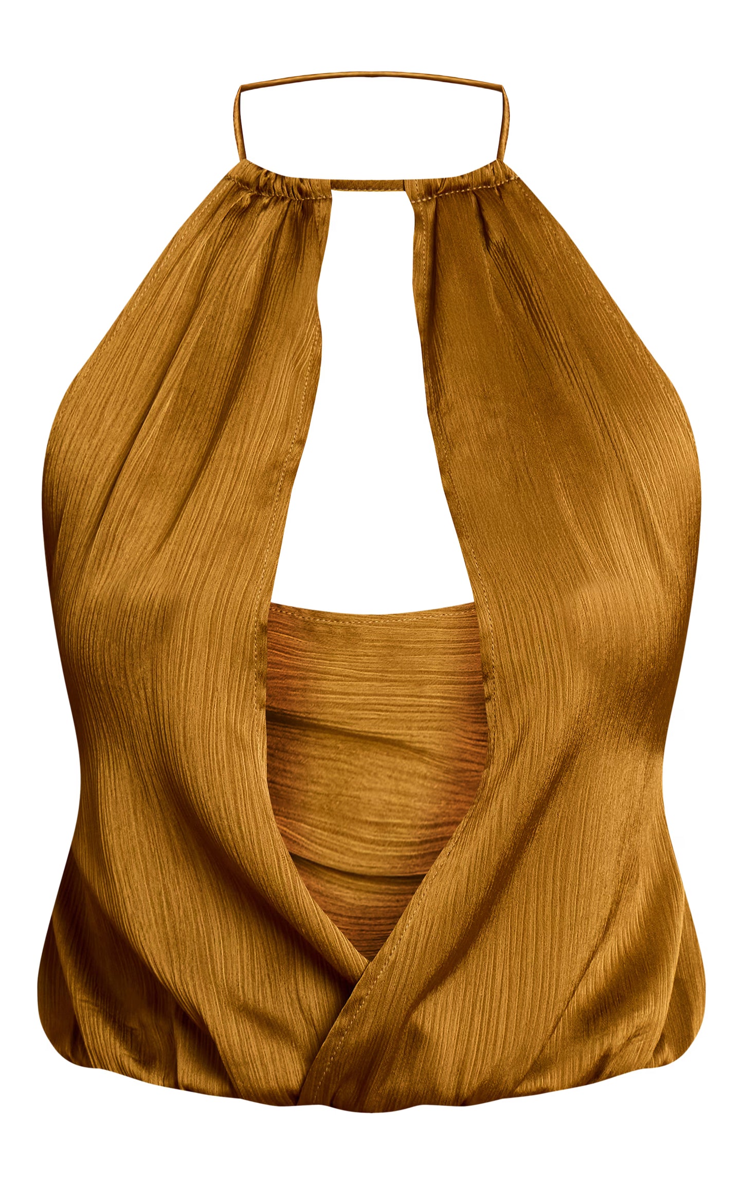 Dark Chartreuse Crinkle Satin High Neck Plunge Cowl Sleeveless Top