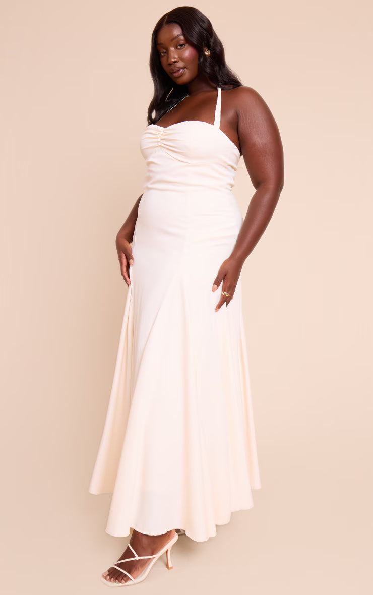 Plus Cream Woven Halterneck Ruched Bust Detail Maxi Dress