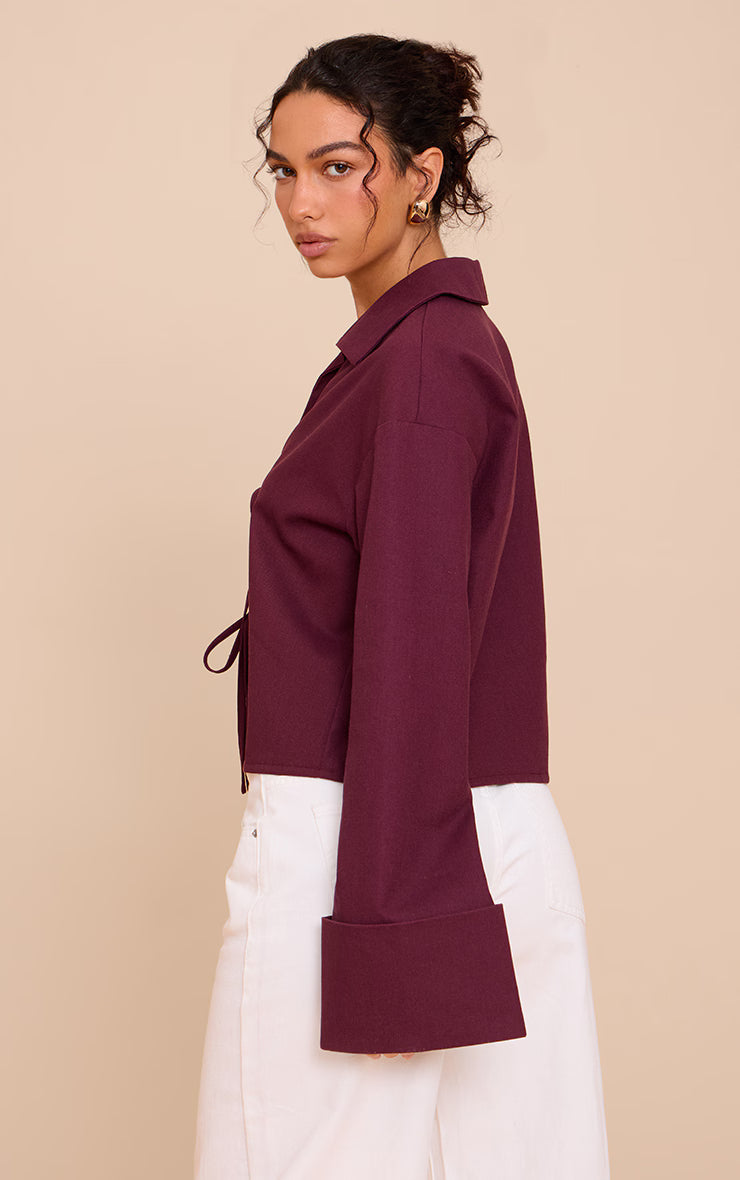 Plum Tie Front Linen Look Collar Blazer