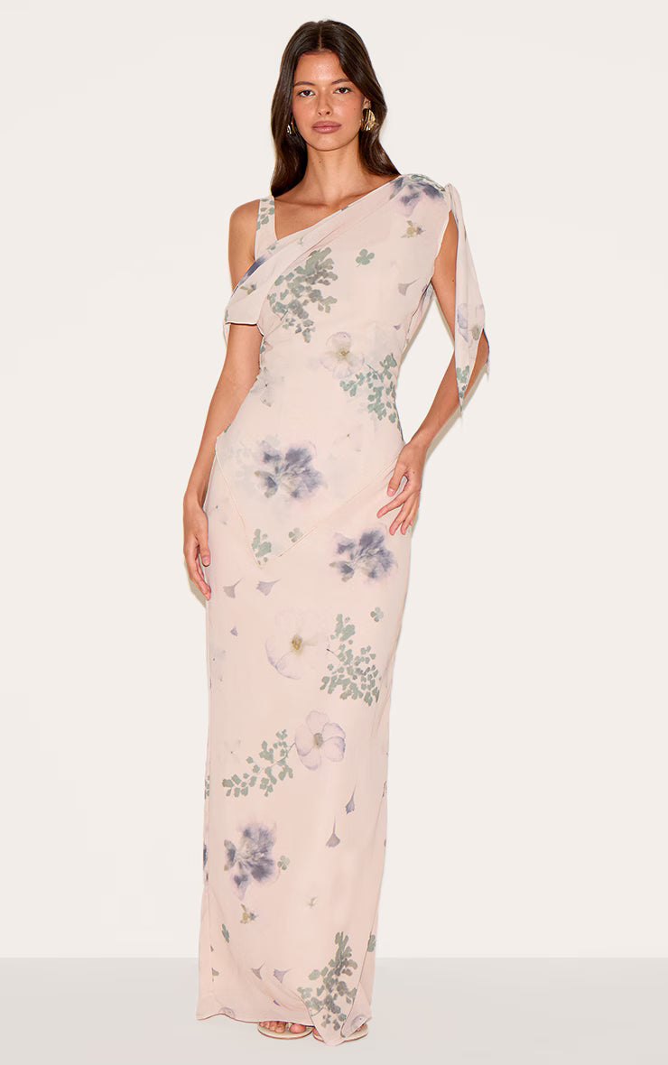 Sand Abstract Printed Chiffon Draped Maxi Dress