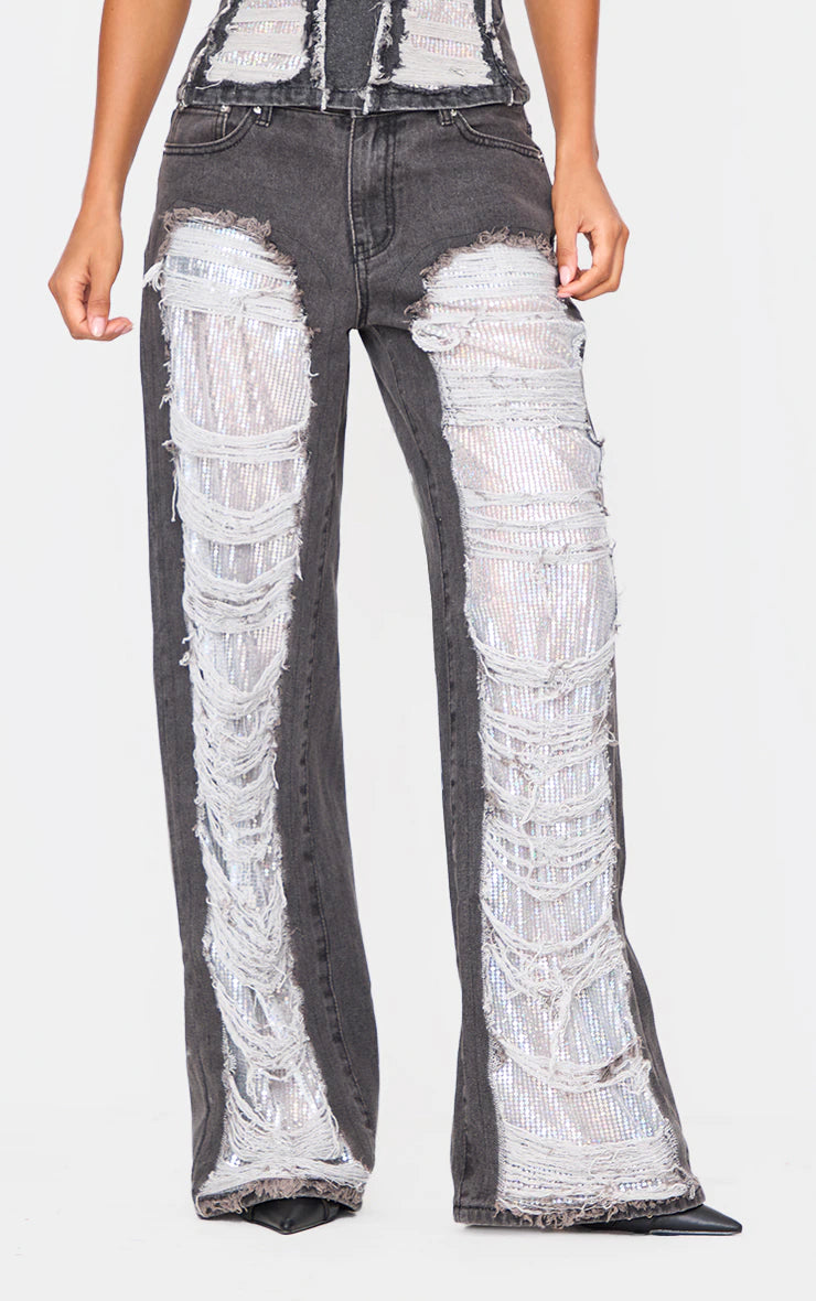 Washed Black Extreme Distressed Sequin Panel Straight Leg Jeans
