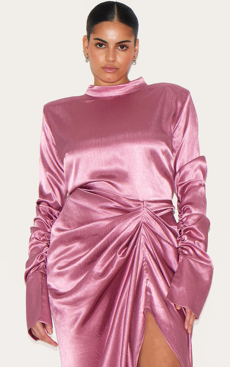 Plus Deep Rose High Neck Ruching Detail Satin Midi Dress