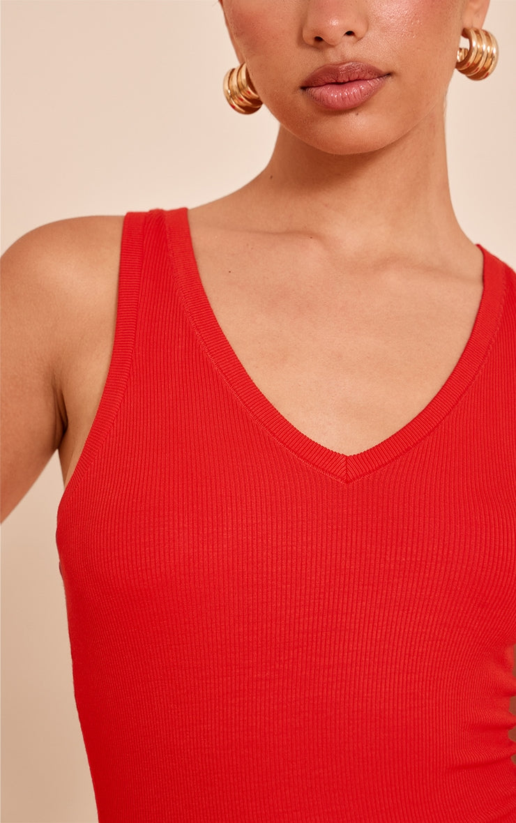 Tomato Red Soft Rib V Neck Vest Top