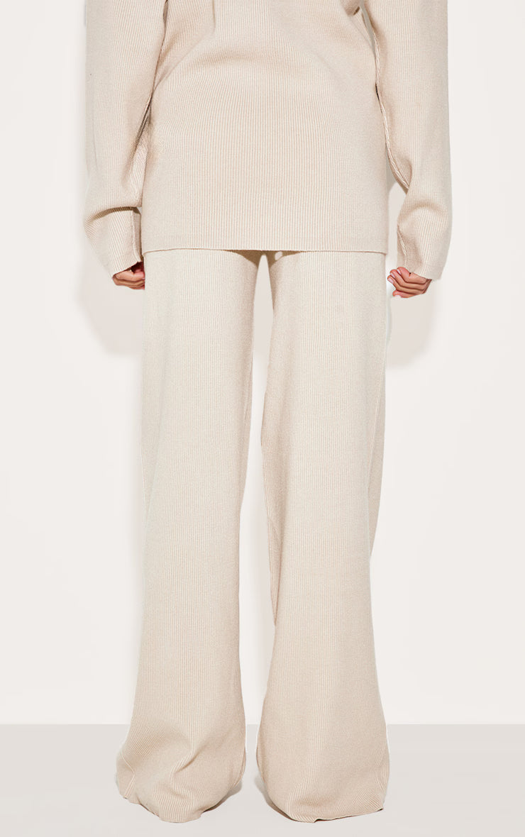 Oatmeal Light Rib Knit Wide Leg Pants