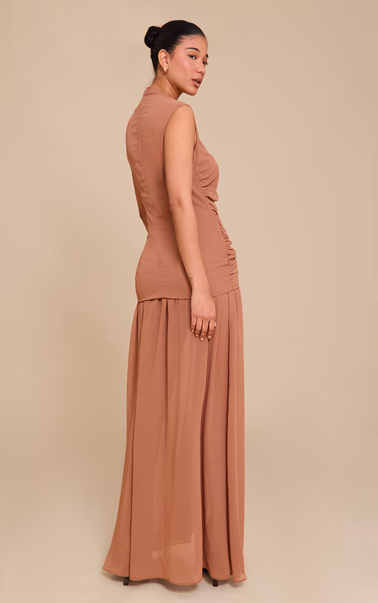 Mocha Chiffon Ruched Dropped Waist Sleeveless Maxi Dress