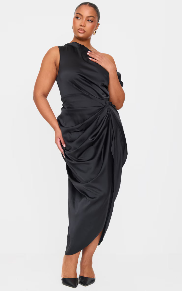 Plus Black Satin Off The Shoulder Draped Skirt Midi Dress