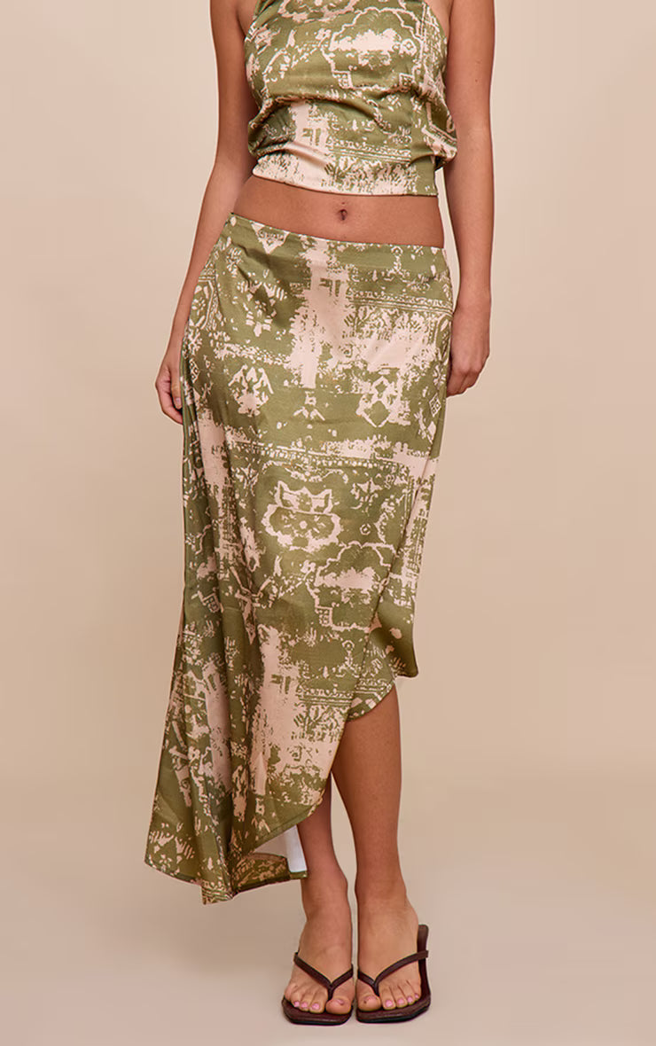 Khaki Printed Satin Asymmetric Midi Skirt