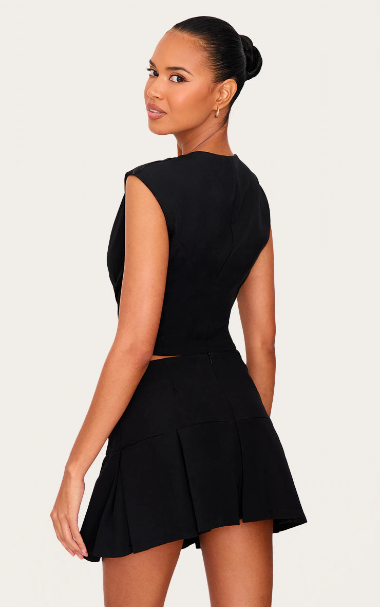 Black Tailored Woven Plunge Cap Sleeve Cinched Waist Long Top