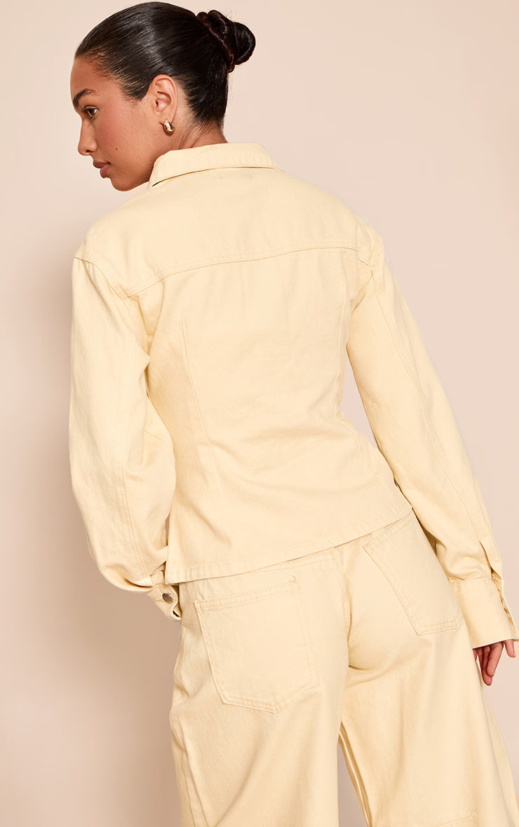 Butter Cream Long Sleeved Cinched Waist Denim Shirt