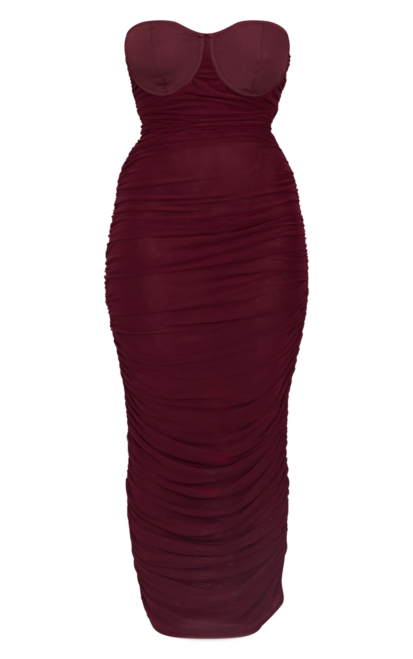 Plus Burgundy Mesh Ruched Cup Detail Maxi Dress