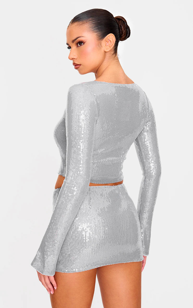 Silver Sequin Long Sleeve Tie Front Top