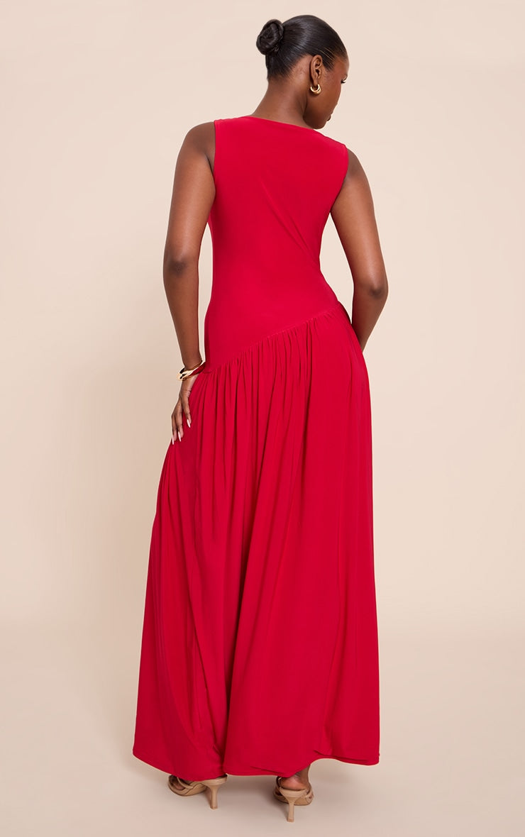 Red Double Layer Soft Touch Asymmetric Dropped Waist Maxi Dress