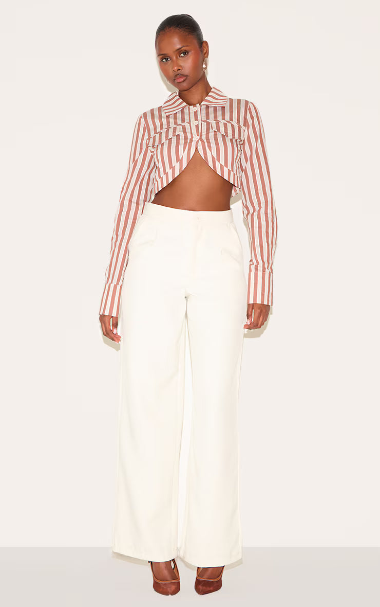Brown Striped Curved Hem Cropped Shirt