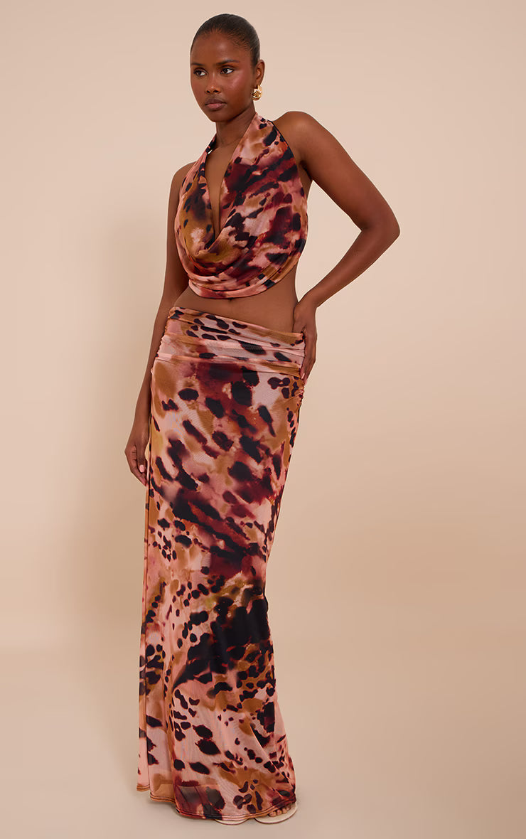 Multi Abstract Print Cowl Neck Mesh Top