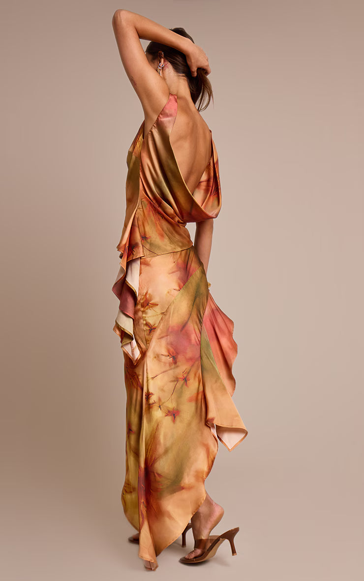 Burnt Orange Printed Satin Asymmetric Ruffle Midi Skirt