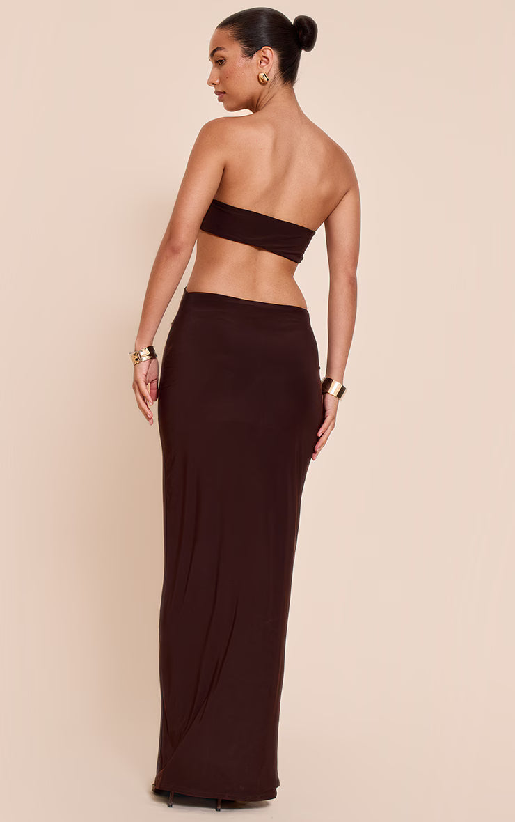 Chocolate Slinky Bead Detail Cut Out Bandeau Maxi Dress