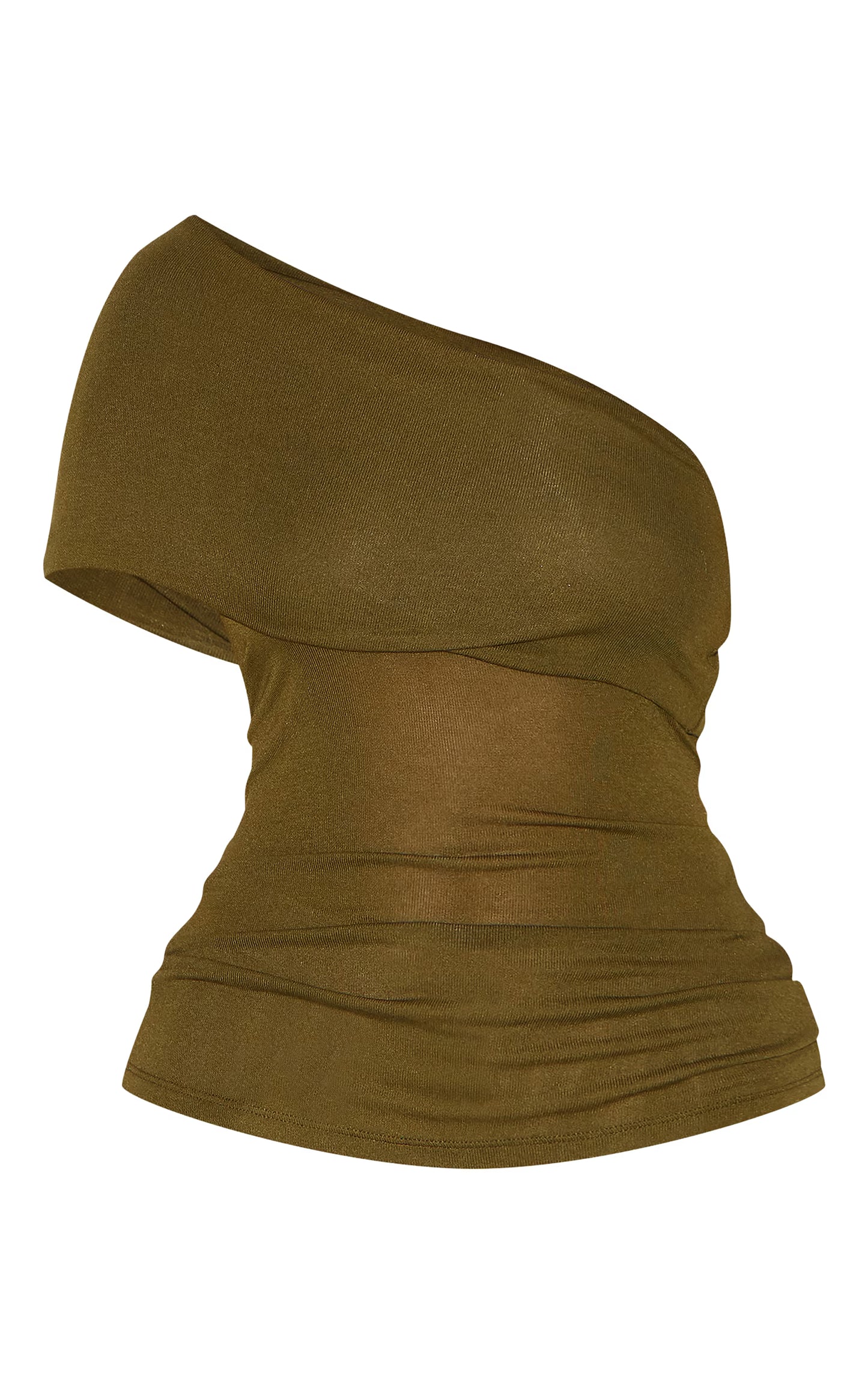 Olive Sheer Soft Touch Fold Over Detail One Shoulder Long Top