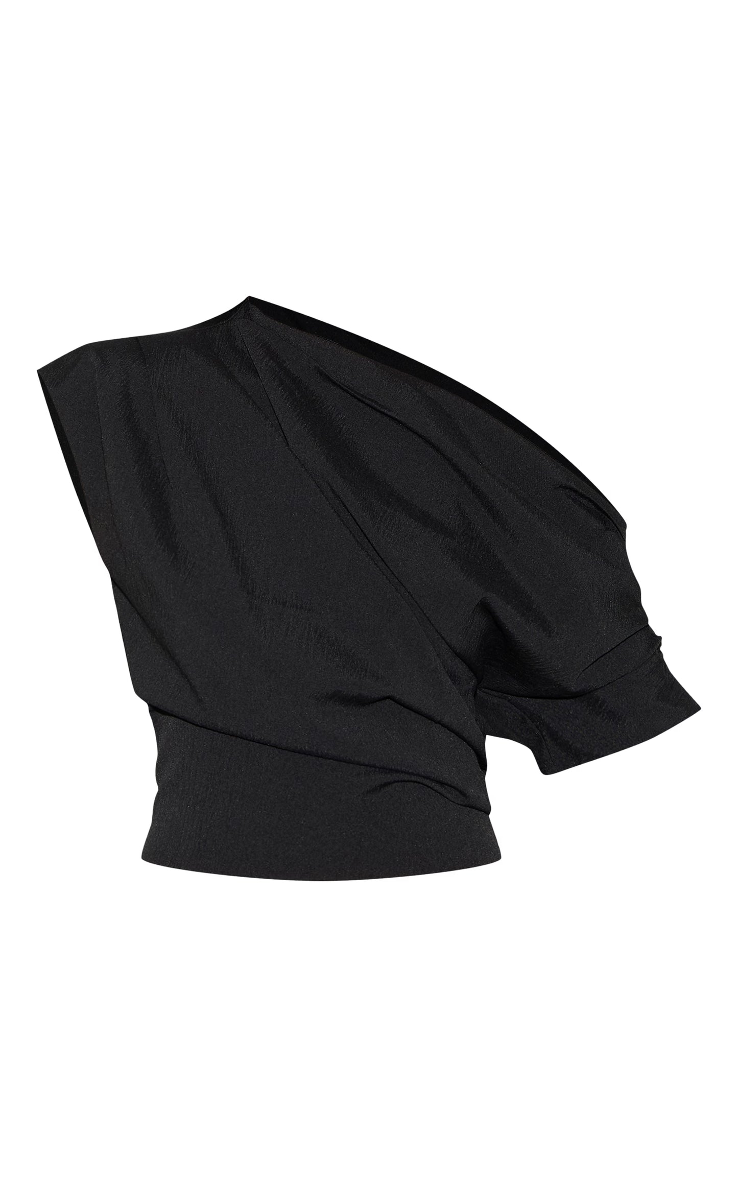 Black Woven Ruched Asymmetric One Shoulder Top