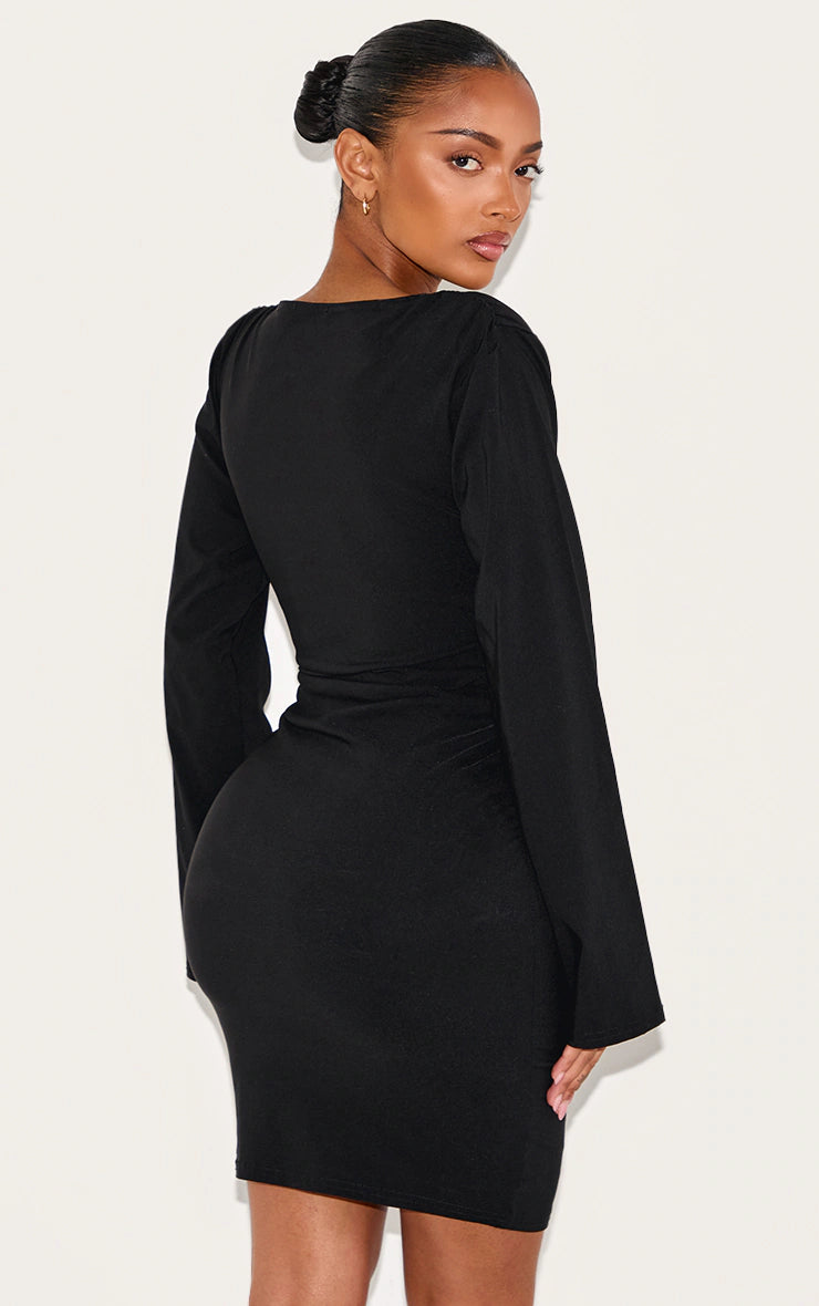Shape Black Stretch Woven Boat Neck Ruched Waist Mini Dress