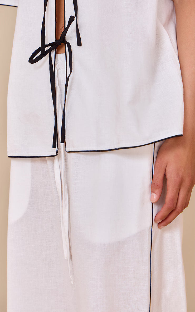 Cream Linen Look Contrast Wide Leg Pants