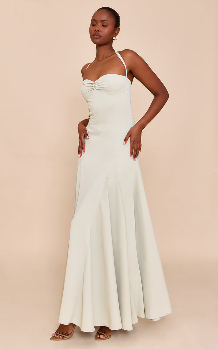 Sage Woven Halterneck Ruched Bust Detail Maxi Dress