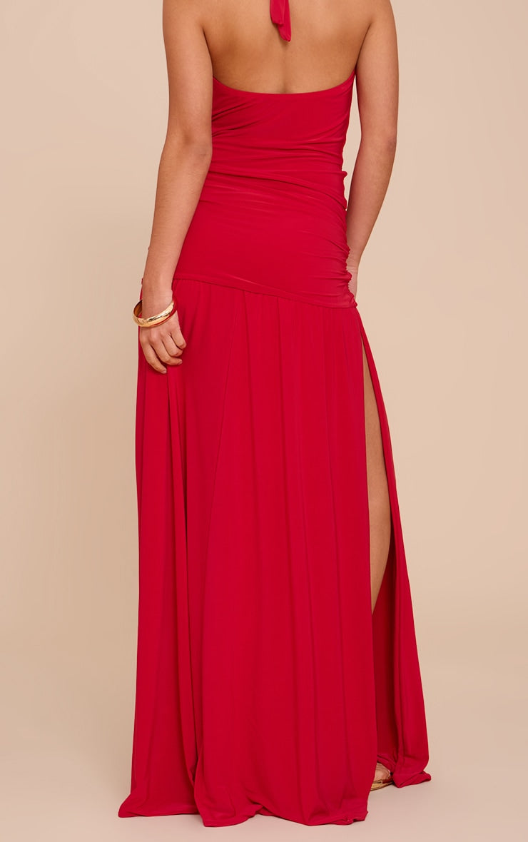 Tomato Red Double Layer Slinky Knot Drape Maxi Skirt