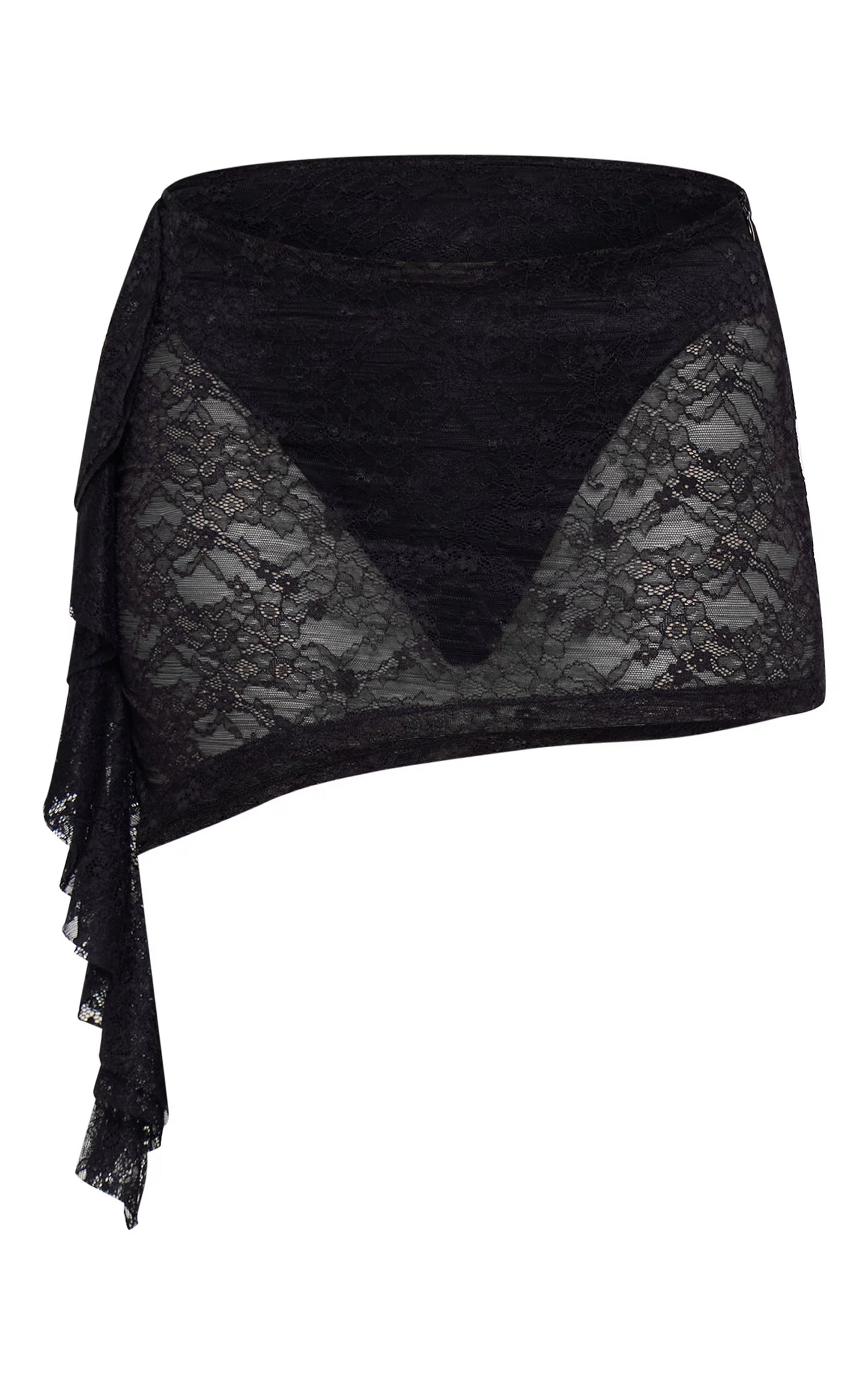 Black Lace Frill Asymmetric Low Rise Micro Mini Skirt