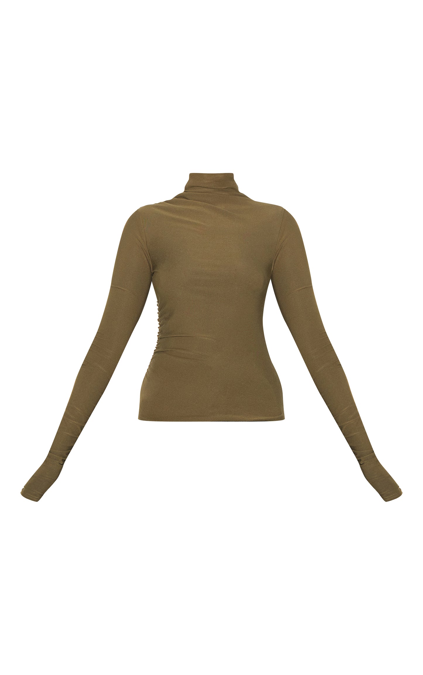 Khaki Soft Touch High Neck Ruched Sleeve Top