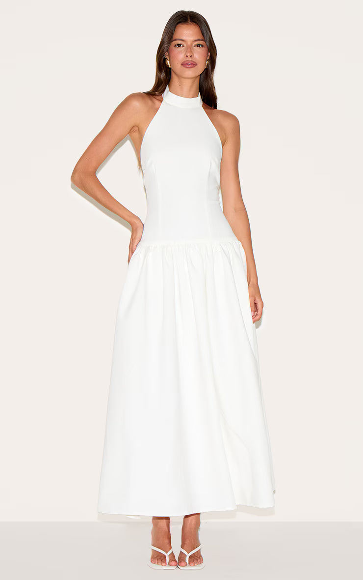 White Tailored High Neck Midaxi Dress
